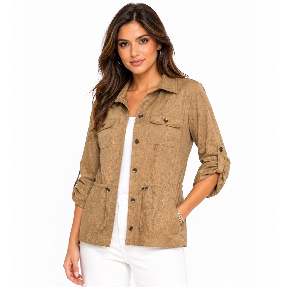Chico's Snakeskin Embossed Utility Jacket Tan Drawstring Roll Tab Size 1 M